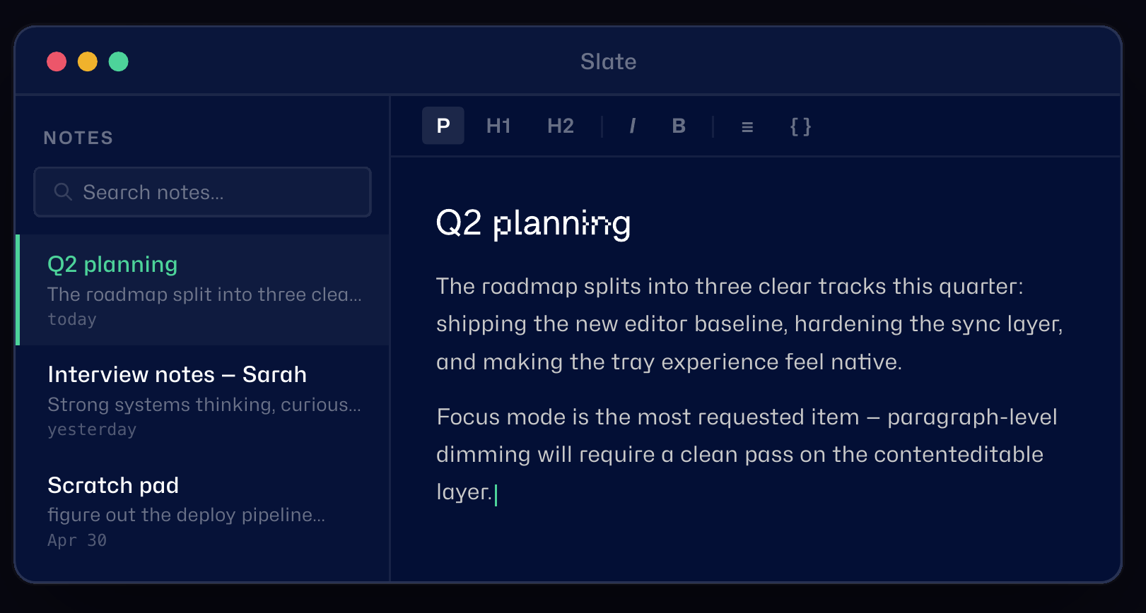 Slate's main window - sidebar note list and rich text editor