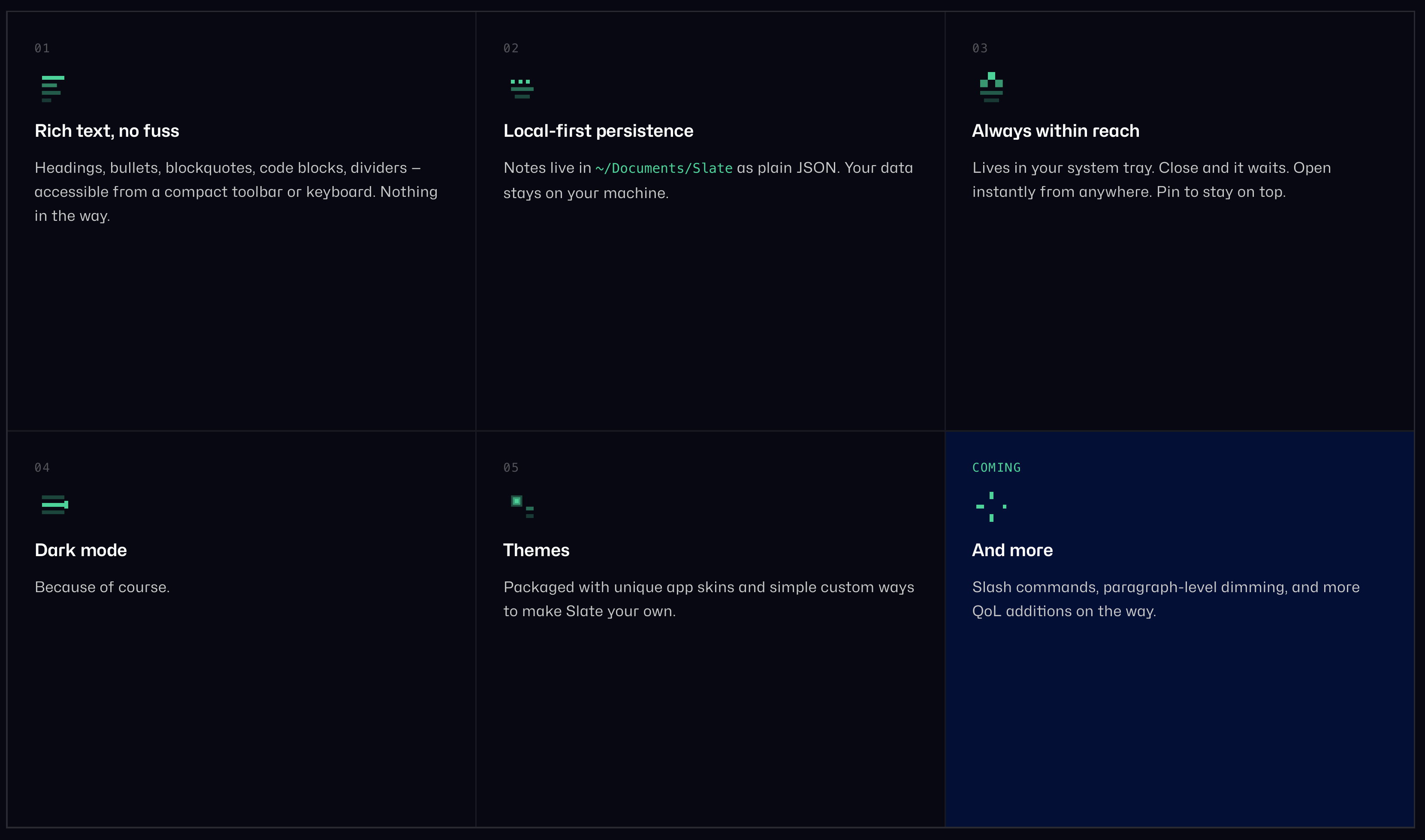 Slate feature grid - rich text, local-first persistence, tray access, dark mode, themes