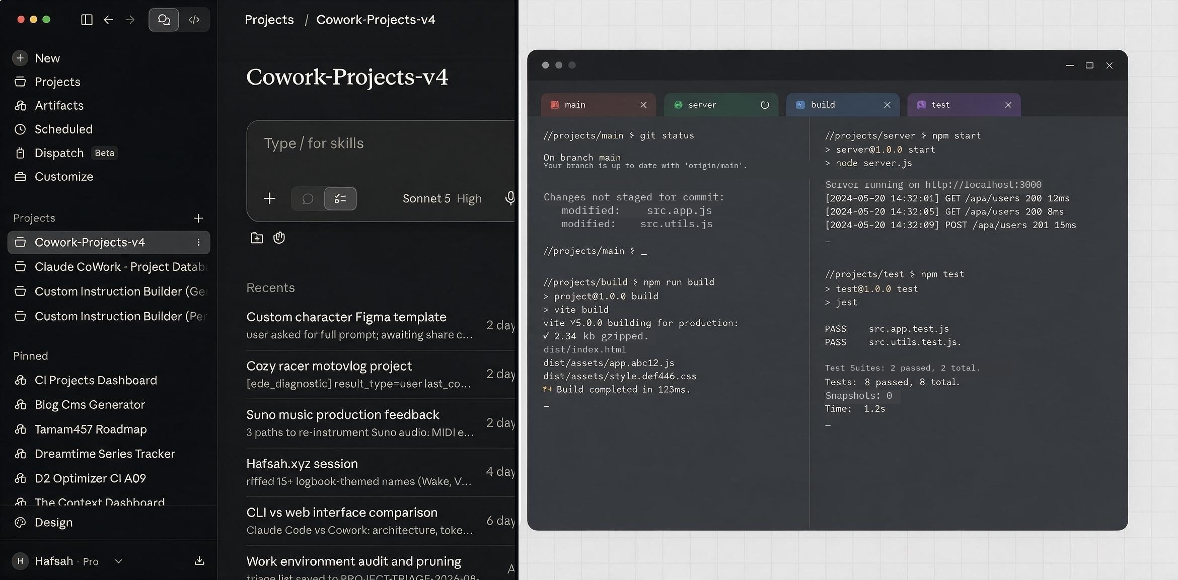 Comparing a Cowork project-folder setup to iTerm2 with tabs split by project